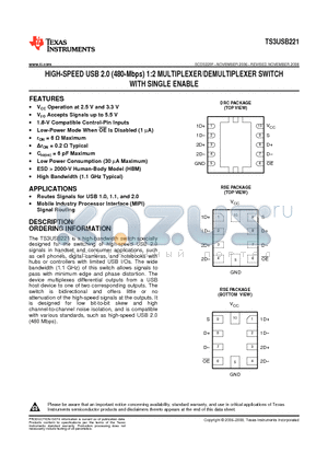 TS3USB221 datasheet - HIGH-SPEED USB 2.0 (480-Mbps) 1:2 MULTIPLEXER/DEMULTIPLEXER SWITCH WITH SINGLE ENABLE