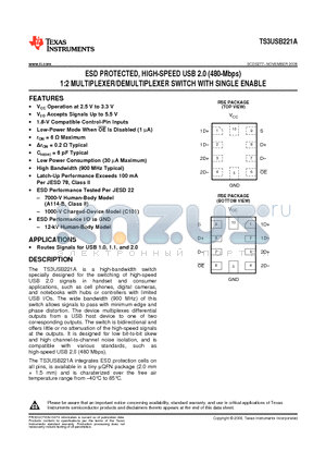 TS3USB221ARSERG4 datasheet - ESD PROTECTED, HIGH-SPEED USB 2.0 (480-Mbps) 1:2 MULTIPLEXER/DEMULTIPLEXER SWITCH WITH SINGLE ENABLE