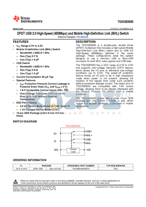 TS3USB3000 datasheet - DPDT USB 2.0 High-Speed (480Mbps) and Mobile High-Definition Link (MHL) Switch