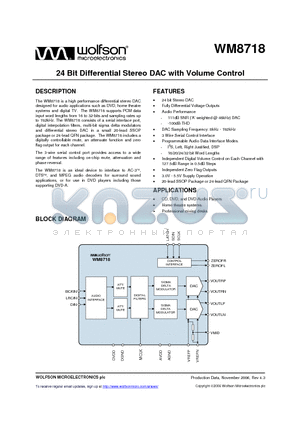 WM8718 datasheet - 24 Bit Differential Stereo DAC with Volume Control