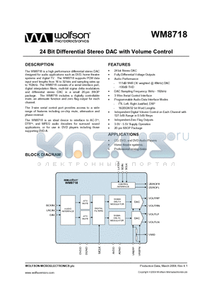 WM8718EDS datasheet - 24 BIT DIFFERENTIAL STEREO DAC WITH VOLUME CONTROL
