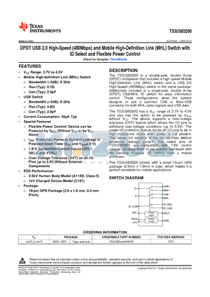 TS3USB3200 datasheet - DPDT USB 2.0 High-Speed (480Mbps) and Mobile High-Definition Link (MHL) Switch with ID Select and Flexible Power Control
