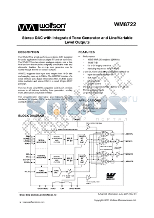 WM8722XWM8722EDS datasheet - Stereo DAC with Integrated Tone Generator and Line/Variable Level Outputs