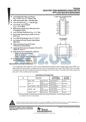 TS3V330RGYR datasheet - QUAD SPDT WIDE-BANDWIDTH VIDEO SWITCH WITH LOW ON STATE RESISTANCE