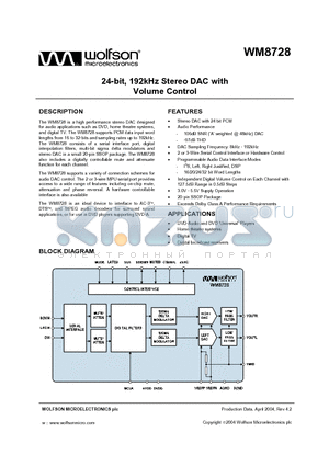 WM8728 datasheet - 24-bit, 192kHz Stereo DAC with Volume Control