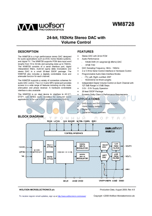 WM8728_12 datasheet - 24-bit, 192kHz Stereo DAC with Volume Control