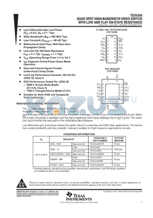 TS3V340 datasheet - QUAD SPDT HIGH-BANDWIDTH VIDEO SWITCH WITH LOW AND FLAT ON-STATE RESISTANCE