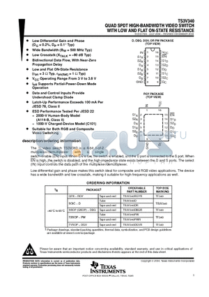 TS3V340D datasheet - QUAD SPDT HIGH-BANDWIDTH VIDEO SWITCH WITH LOW AND FLAT ON-STATE RESISTANCE