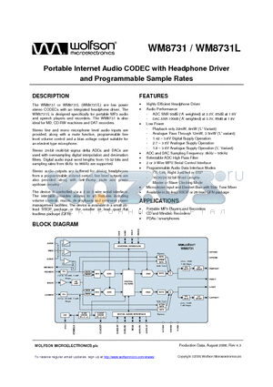 WM8731L datasheet - Portable Internet Audio CODEC with Headphone Driver and Programmable Sample Rates