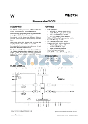 WM8734 datasheet - STEREO AUDIO CODEC