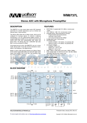 WM8737L_12 datasheet - Stereo ADC with Microphone Preamplifier