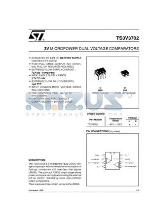TS3V3702 datasheet - 3V MICROPOWER DUAL VOLTAGE COMPARATORS