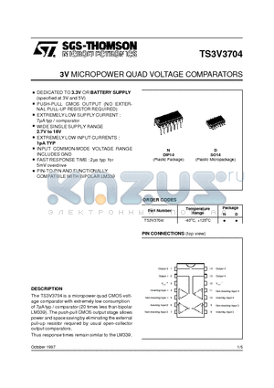 TS3V3704I datasheet - 3V MICROPOWER QUAD VOLTAGE COMPARATORS