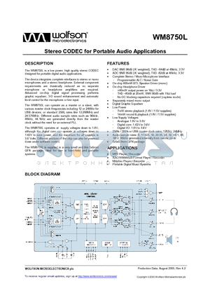 WM8750LSEFL datasheet - Stereo CODEC for Portable Audio Applications