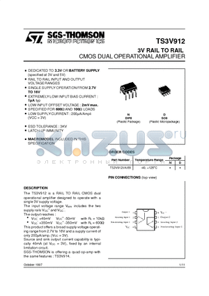 TS3V912I datasheet - 3V RAIL TO RAIL CMOS DUAL OPERATIONAL AMPLIFIER