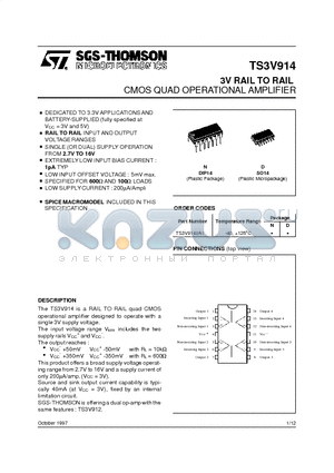 TS3V914I datasheet - 3V RAIL TO RAIL CMOS QUAD OPERATIONAL AMPLIFIER