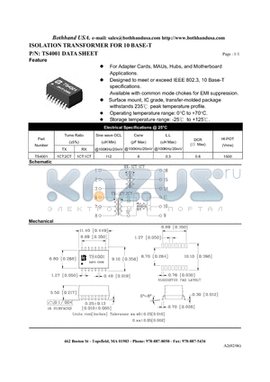 TS4001 datasheet - ISOLATION TRANSFORMER FOR 10 BASE-T