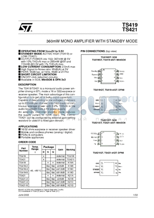 TS419 datasheet - 360mW MONO AMPLIFIER WITH STANDBY MODE