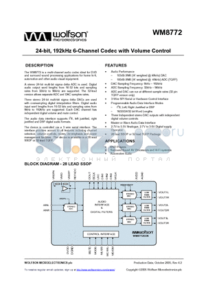 WM8772SEDS/RV datasheet - 24-bit, 192kHz 6-Channel Codec with Volume Control