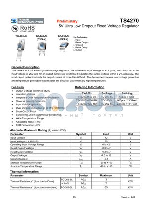 TS4270CP550 datasheet - 5V Ultra Low Dropout Fixed Voltage Regulator