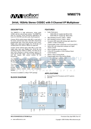 WM8776SEFT/RV datasheet - 24-bit, 192kHz Stereo CODEC with 5 Channel I/P Multiplexer
