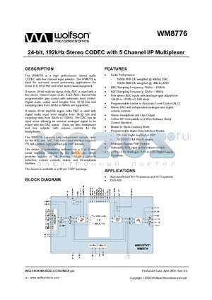 WM8776_05 datasheet - 24-bit, 192kHz Stereo CODEC with 5 Channel I/P Multiplexer