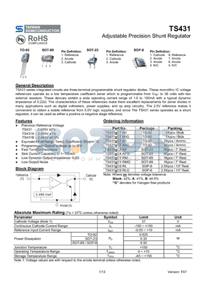 TS431ACTA3 datasheet - Adjustable Precision Shunt Regulator