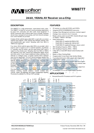 WM8777SEFT/V datasheet - 24 BIT 192KHZ AV RECEIVER ON A CHIP