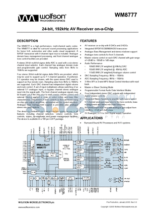 WM8777_05 datasheet - 24-bit, 192kHz AV Receiver on-a-Chip