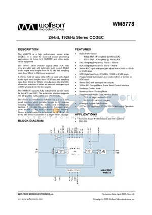 WM8778 datasheet - 24-bit, 192kHz Stereo CODEC