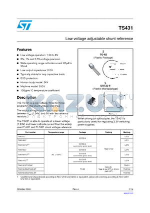 TS431AI datasheet - LOW VOLTAGE ADJUSTABLE SHUNT REFERENCE