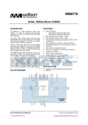 WM8778SEDS/R datasheet - 24-bit, 192kHz Stereo CODEC