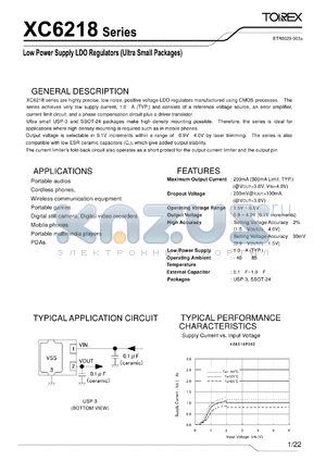 XC6218P092HR datasheet - Low Power Supply LDO Regulators (Ultra Small Packages)
