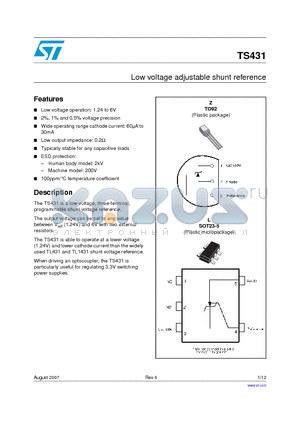TS431BILT datasheet - Low voltage adjustable shunt reference