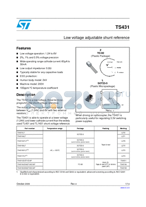 TS431I datasheet - LOW VOLTAGE ADJUSTABLE SHUNT REFERENCE