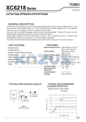 XC6218P162NR datasheet - Low Power Supply LDO Regulators Ultra Small Packages