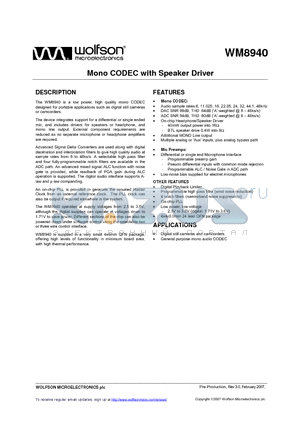 WM8940 datasheet - Mono CODEC with Speaker Driver