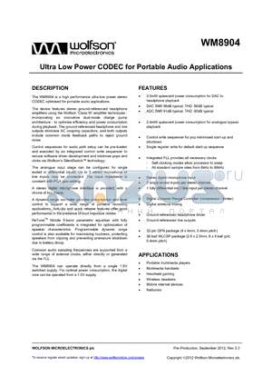 WM8904 datasheet - Ultra Low Power CODEC for Portable Audio Applications