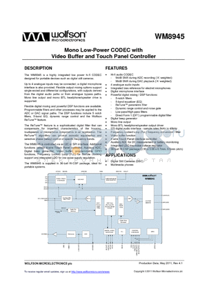 WM8945 datasheet - Mono Low-Power CODEC with Video Buffer and Touch Panel Controller
