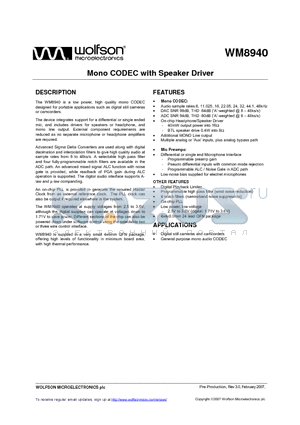 WM8940_07 datasheet - Mono CODEC with Speaker Driver