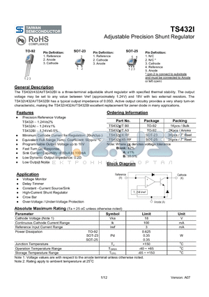 TS432AIA5RF datasheet - Adjustable Precision Shunt Regulator