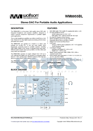 WM8955BL_07 datasheet - Stereo DAC For Portable Audio Applications