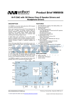 WM8956 datasheet - Hi-Fi DAC with 1W Stereo Class D Speaker Drivers and Headphone Drivers