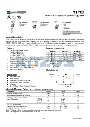 TS432ITA3 datasheet - Adjustable Precision Shunt Regulator