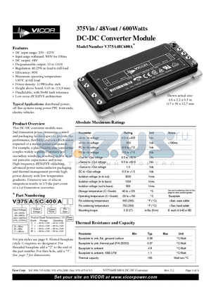 V24B5T400A datasheet - 375Vin / 48Vout / 600Watts DC-DC Converter Module