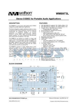 WM8973 datasheet - STEREO CODEC FOR PORTABLE AUDIO APPLICATIONS