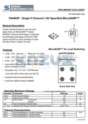 TS4405P datasheet - Single P-Channel 1.8V Specified MicroSURF