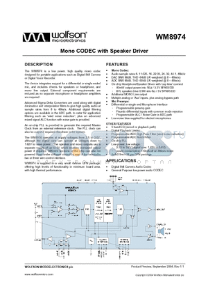 WM8974GEFL/RV datasheet - MONO CODEC WITH SPEAKER DRIVER