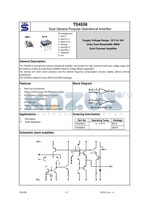TS4558 datasheet - Dual General Purpose Operational Amplifier