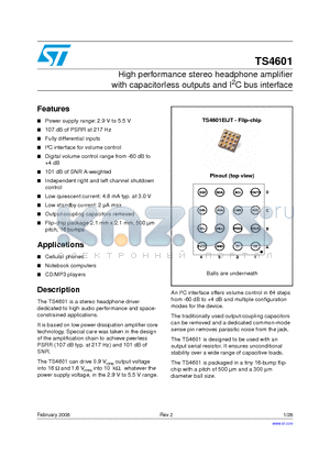 TS4601 datasheet - High performance stereo headphone amplifier with capacitorless outputs and I2C bus interface